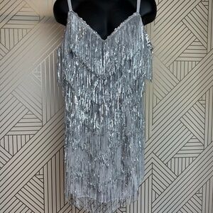 Sequin Fringe Mini Dress - Silver - Size: 2XL - Fashion Nova